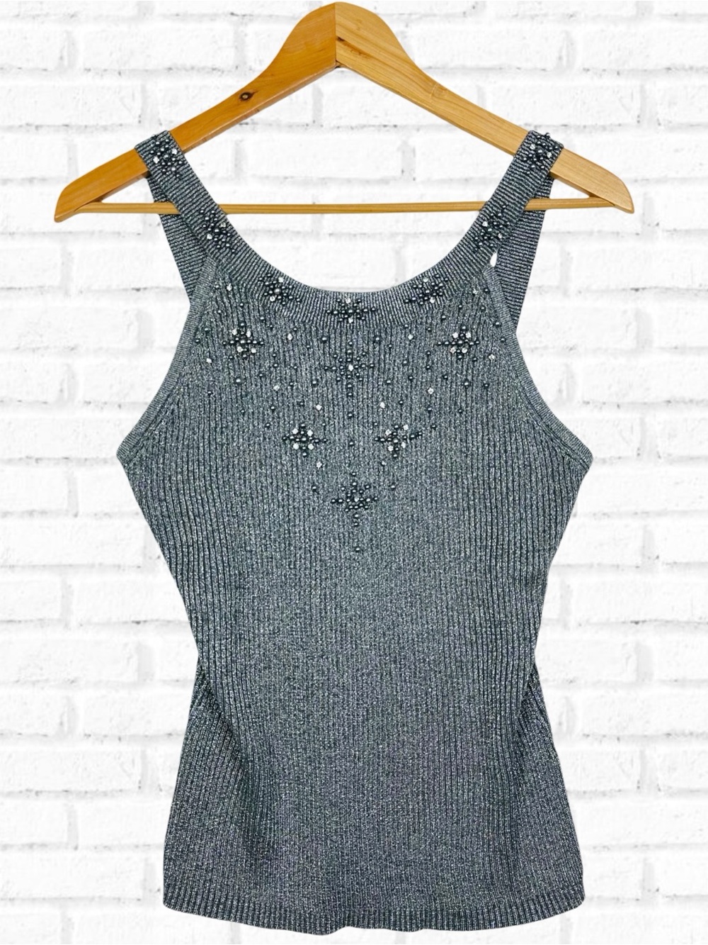 Cache Glitter Knit Silk Rhinestone Stretchy Ribbed High Neck Tank Top Silver M